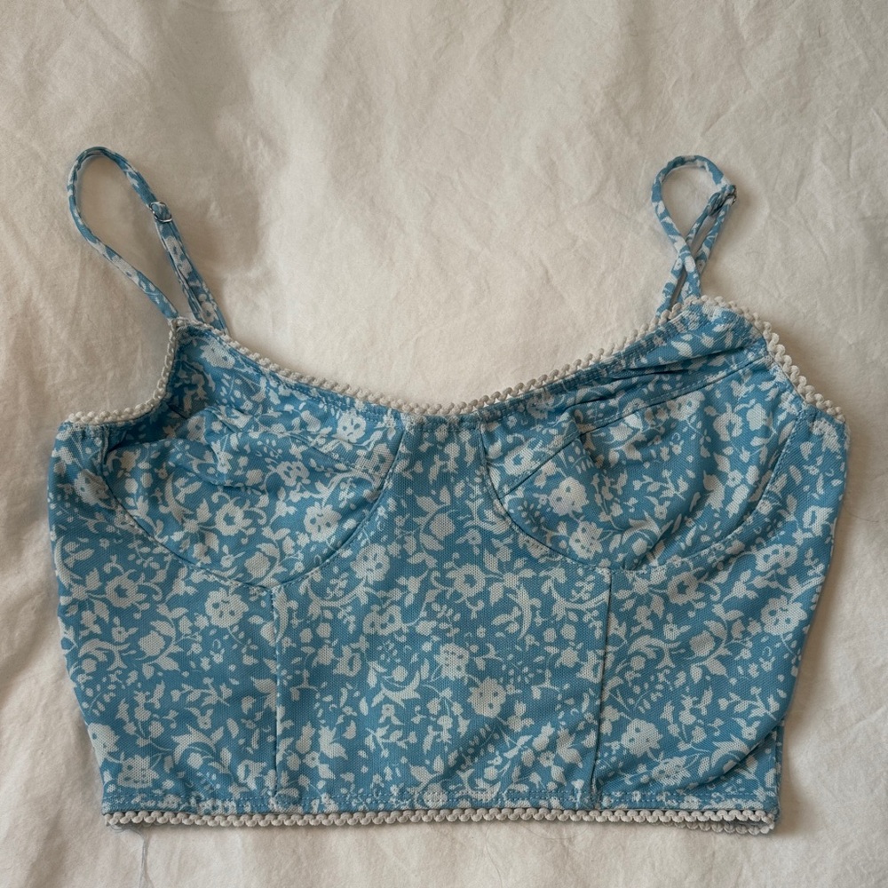 Princess Polly Blue and White Lace Trim Top